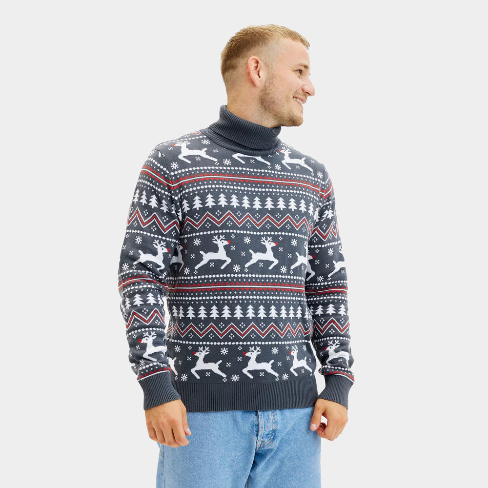 Pull de Noël pour Homme à Col Roulé Gris Rennes Coton Bio