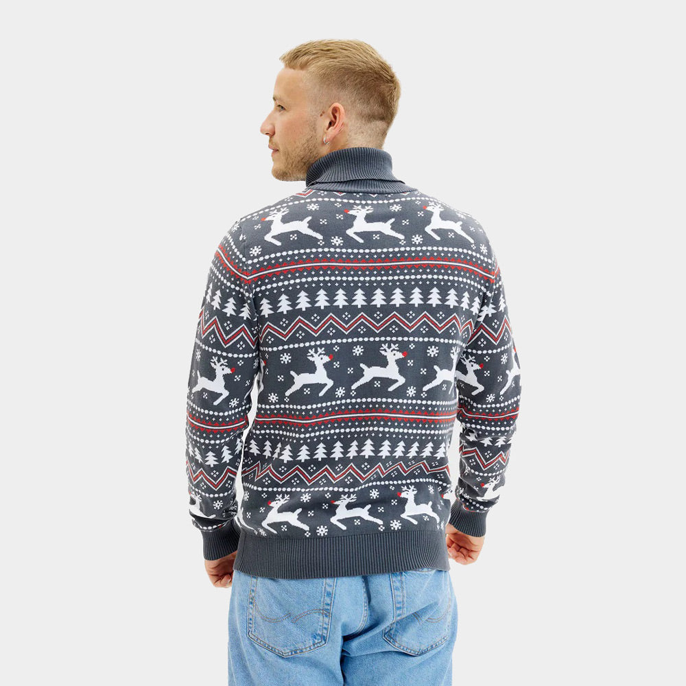 Pull de Noël pour Homme à Col Roulé Gris Rennes Coton Bio