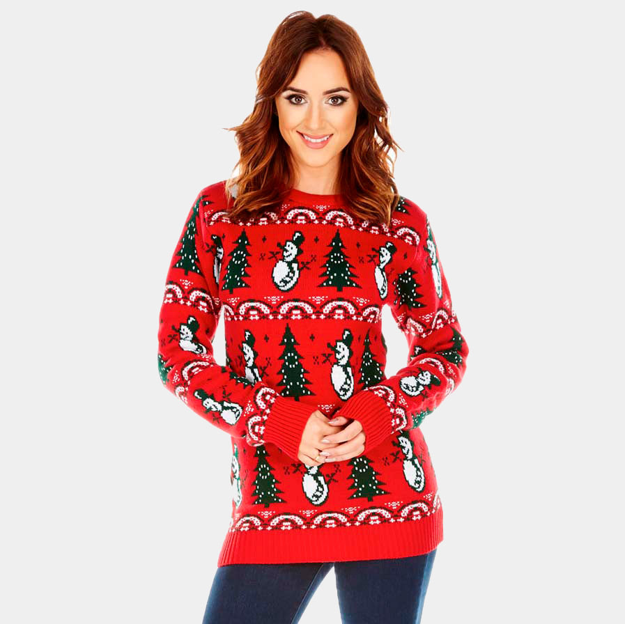 Pull de Noël pour Couple Rouge avec Sapins et Bonhommes de Neige femme