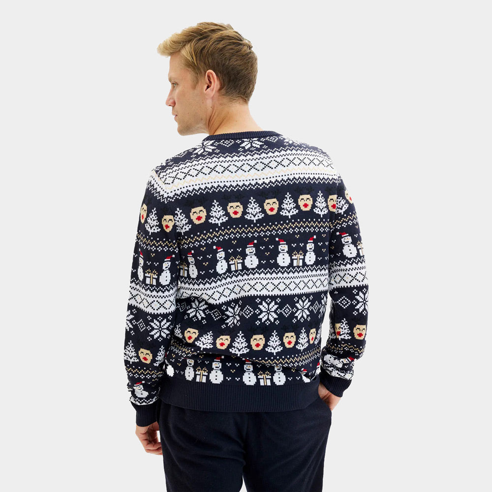 Pull de Noël pour Couple Bleu Bonhommes de Neige et Sapins