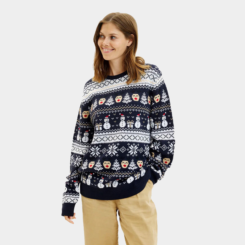 Pull de Noël pour Femme Bleu Bonhommes de Neige et Sapins