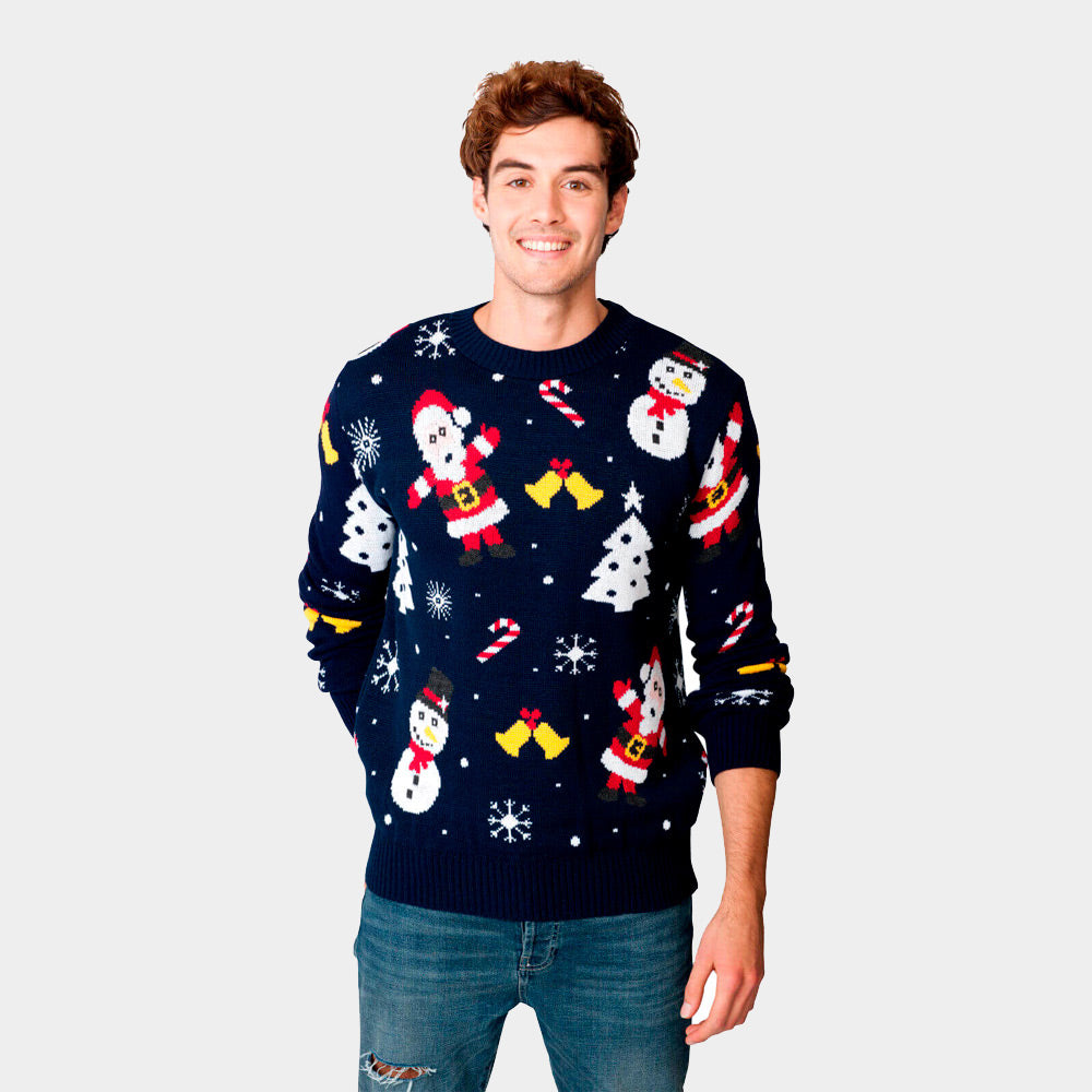 Pull de Noël Bleu Marine avec Père Noël et Bonhommes de Neige Homme