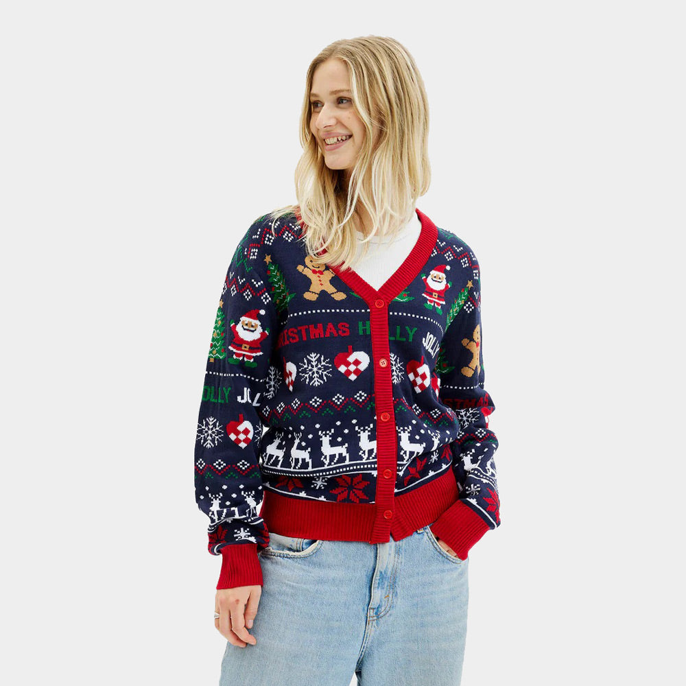 Pull de Noël Cardigan pour Femme Bleu et Rouge