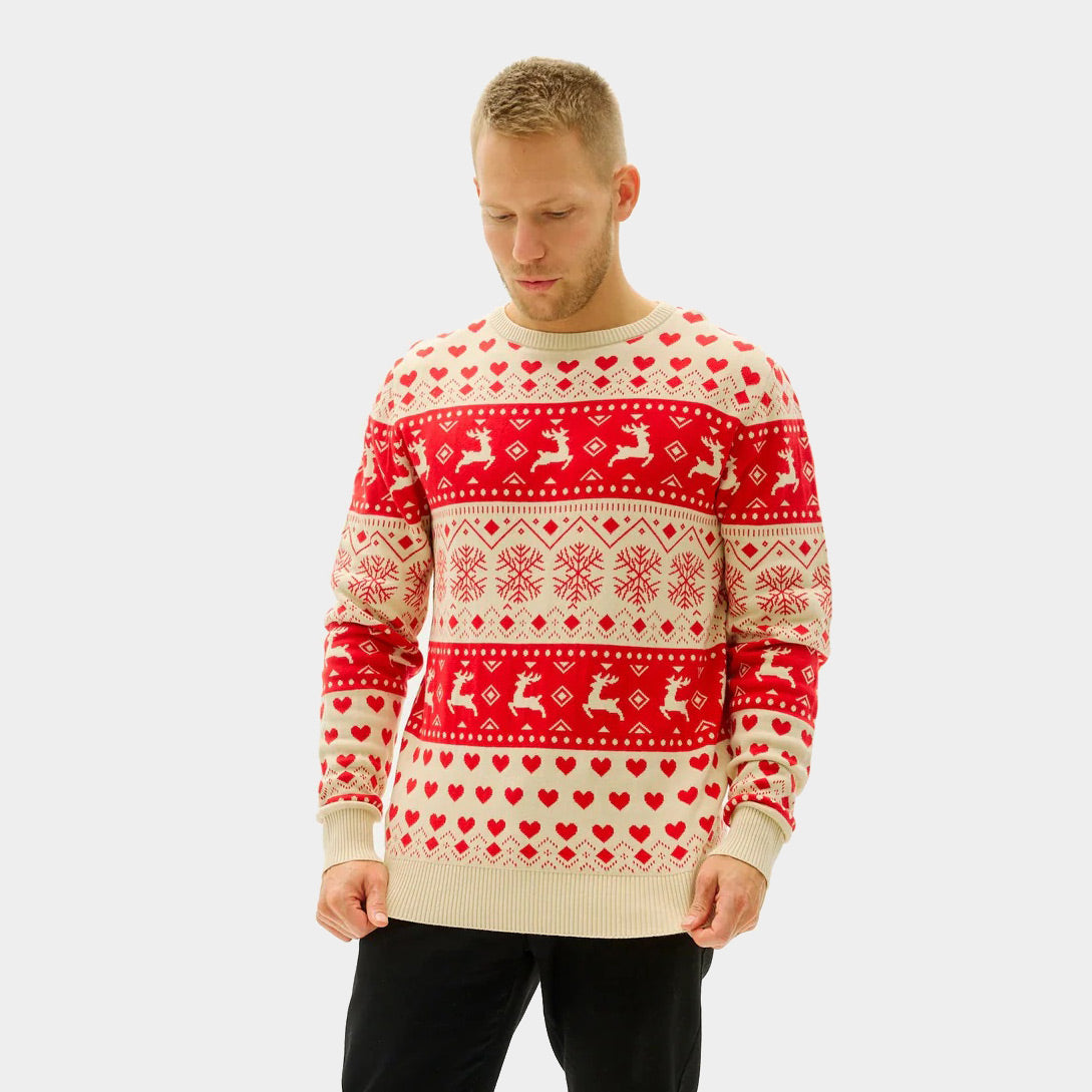 Pull de Noël pour Homme avec Cœurs Rouges et Beige Coton Bio