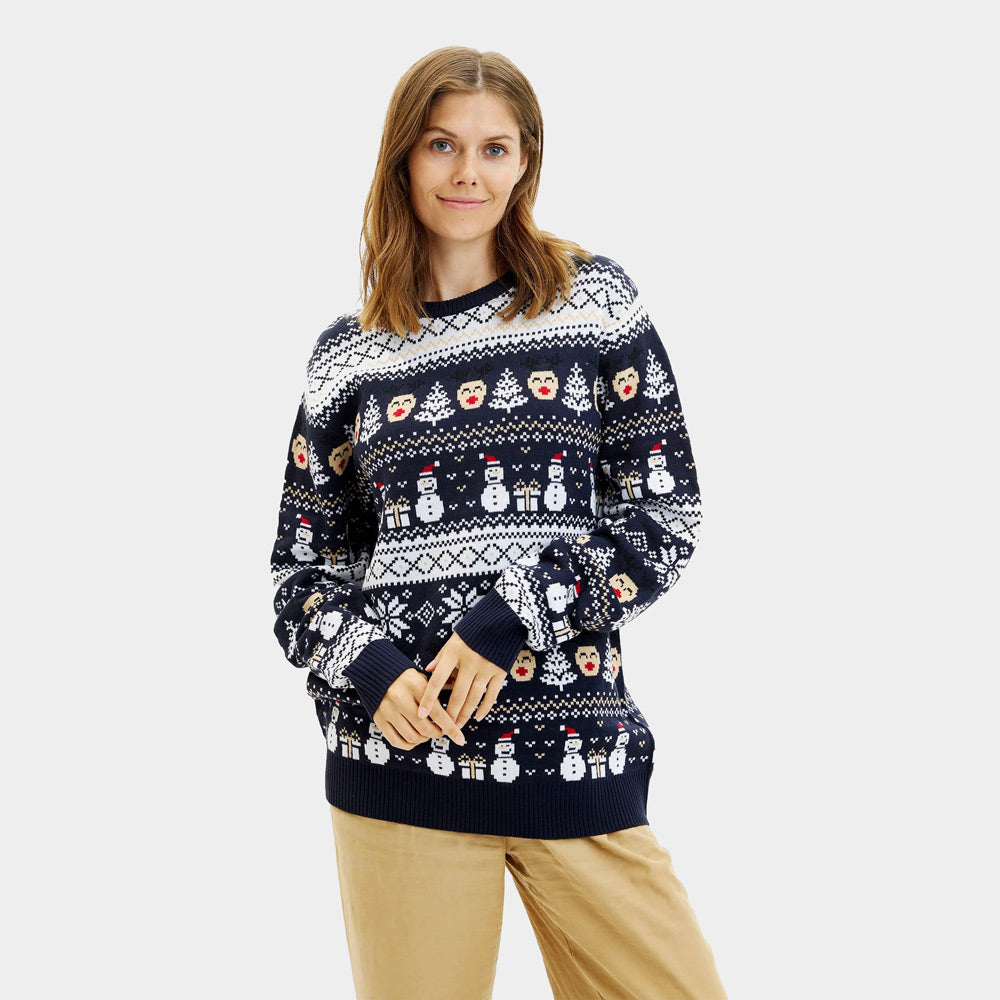 Pull de Noël pour Couple Bleu Bonhommes de Neige et Sapins Femme