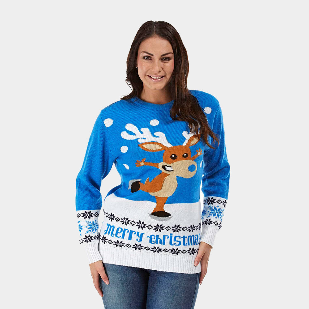 Pull de Noël pour Couple Bleu Ciel avec Renne Patinant femme