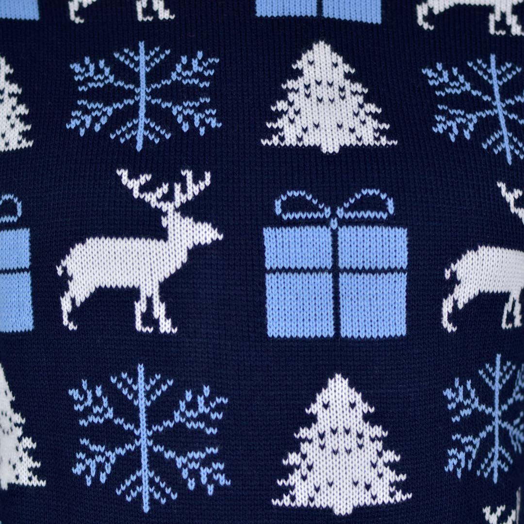 Pull de Noël pour Couple Bleu avec Rennes, Cadeaux et Sapins