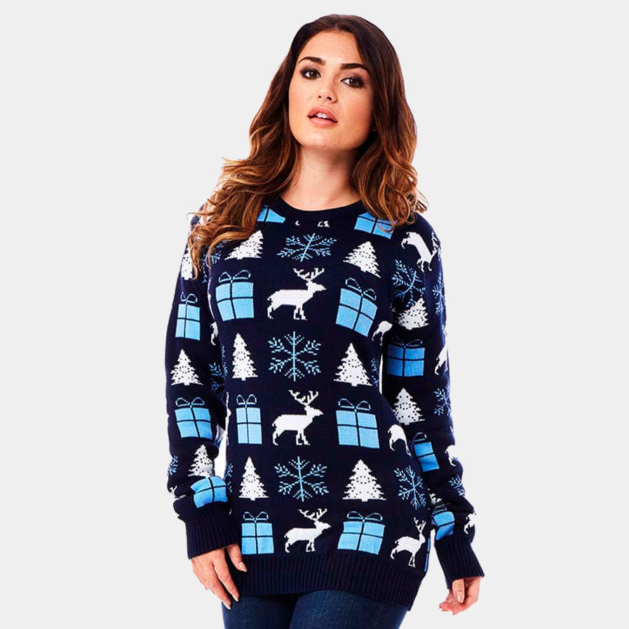 Pull de Noël pour Couple Bleu avec Rennes, Cadeaux et Sapins femme