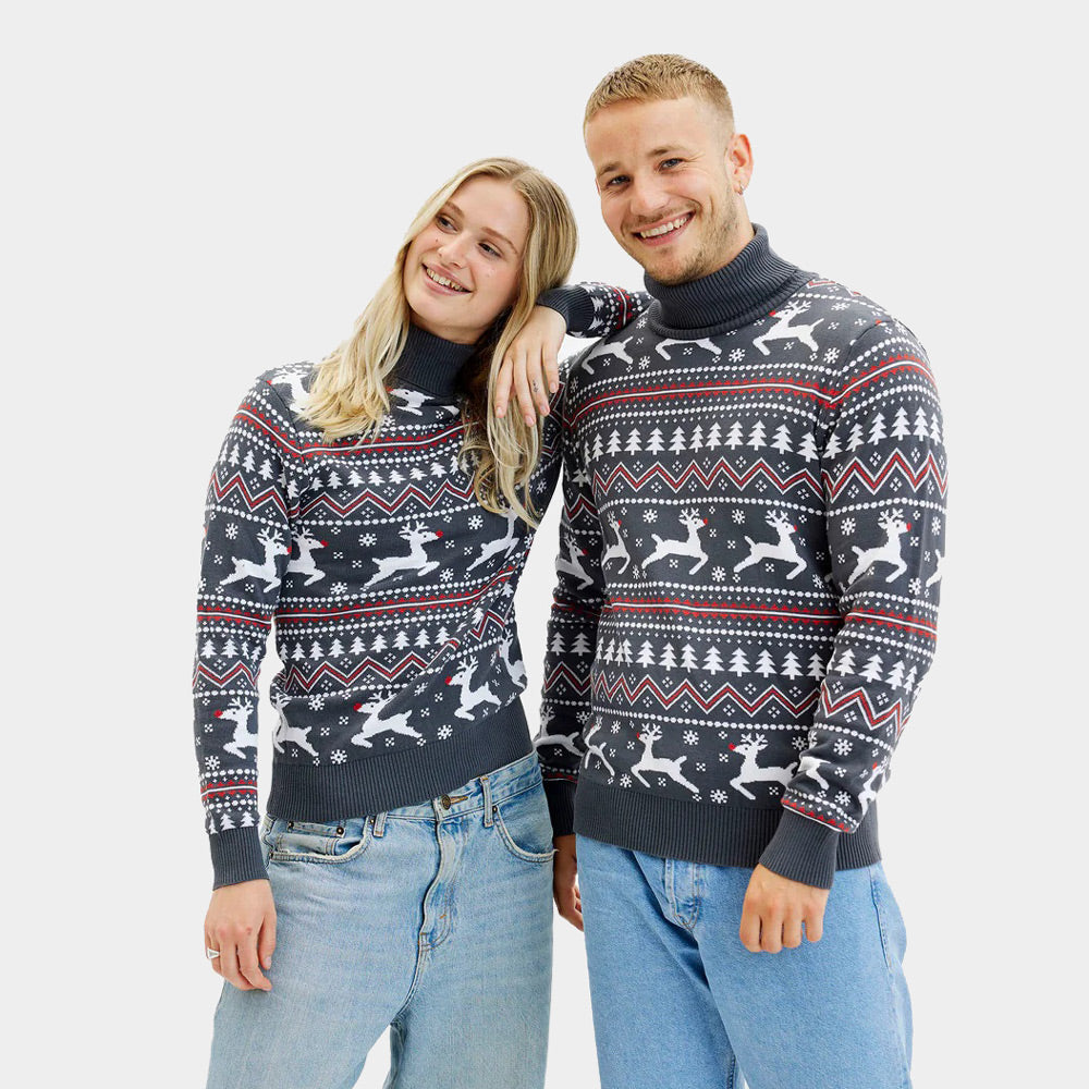 Pull de Noël pour Couple à Col Roulé Gris Rennes Coton Bio