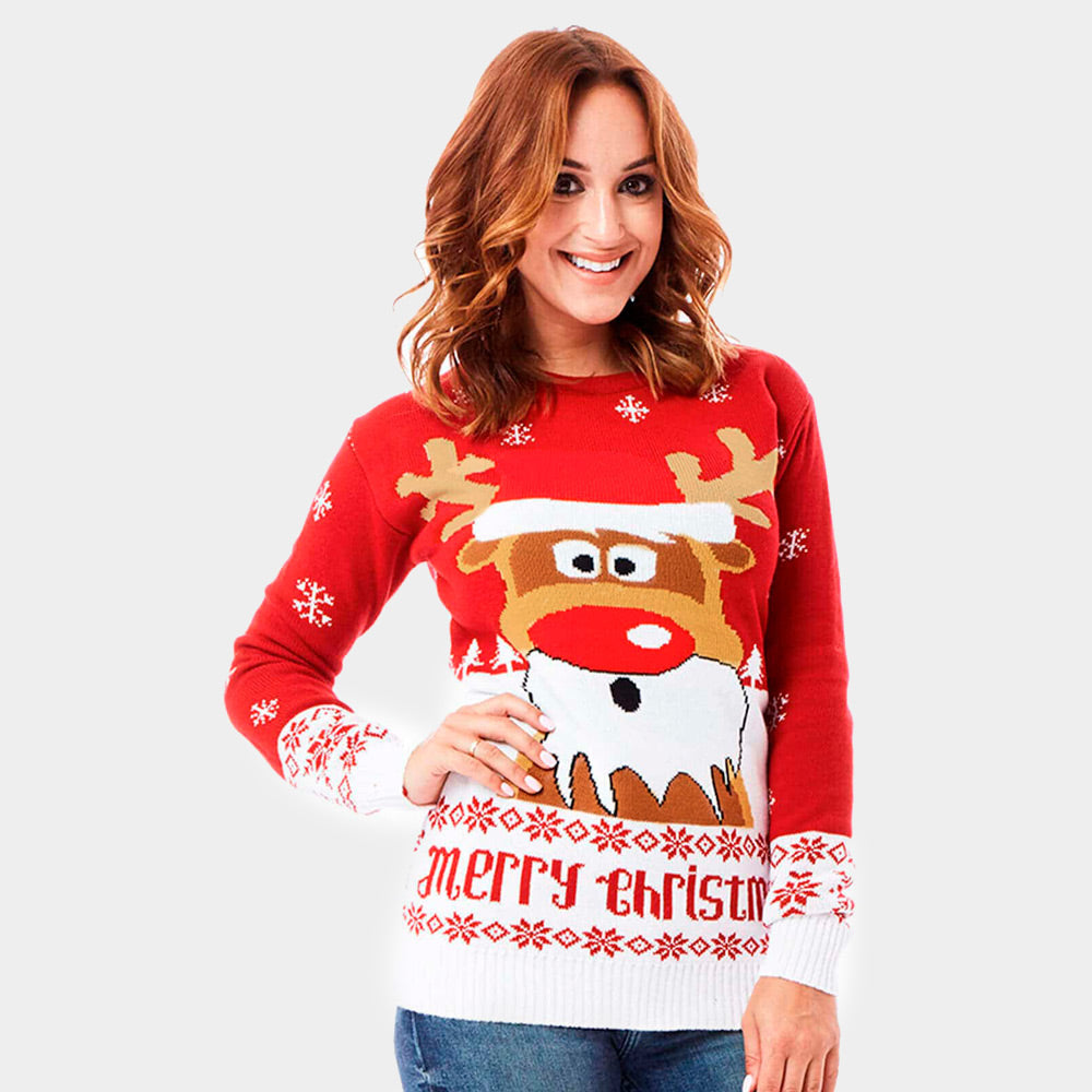 Pull de Noël pour Couple Rouge avec Rudolph le Renne femme