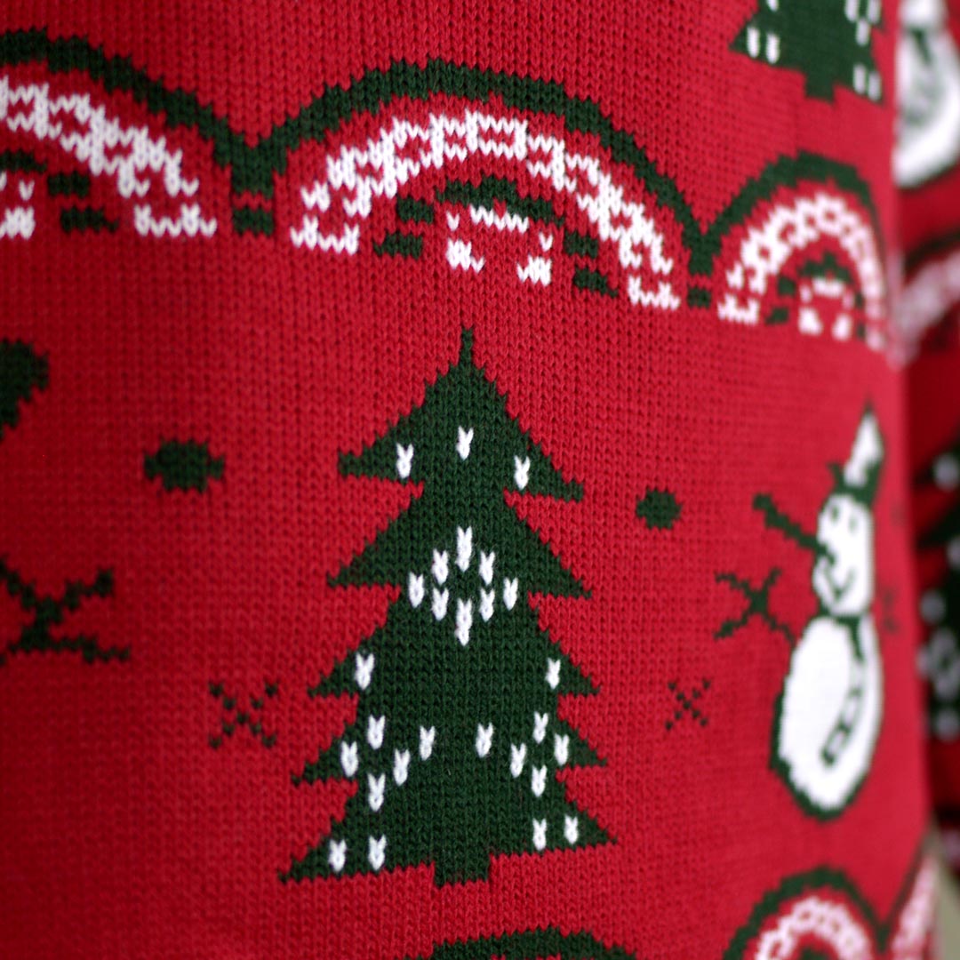 Pull de Noël pour Couple Rouge avec Sapins et Bonhommes de Neige