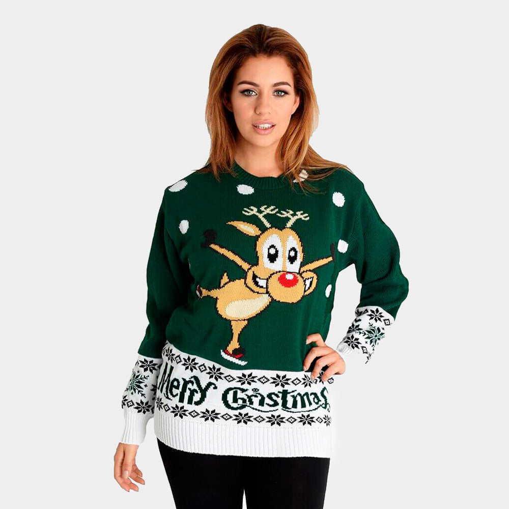 Pull de Noël pour Couple Vert avec Renne Patinant femme