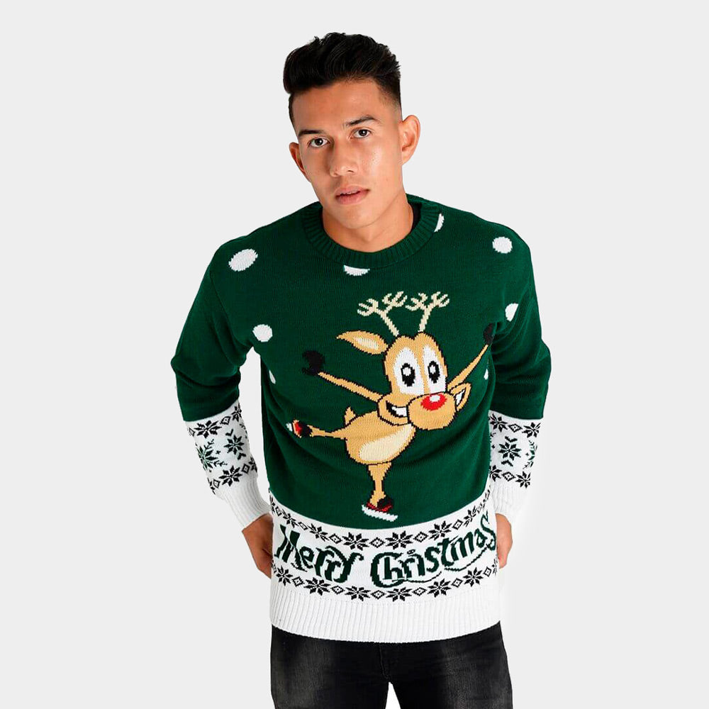 Pull de Noël pour Couple Vert avec Renne Patinant