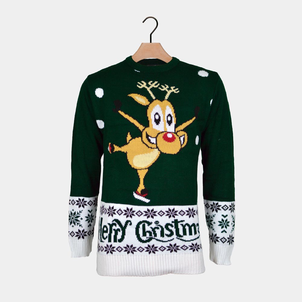 Pull de Noël pour Couple Vert avec Renne Patinant