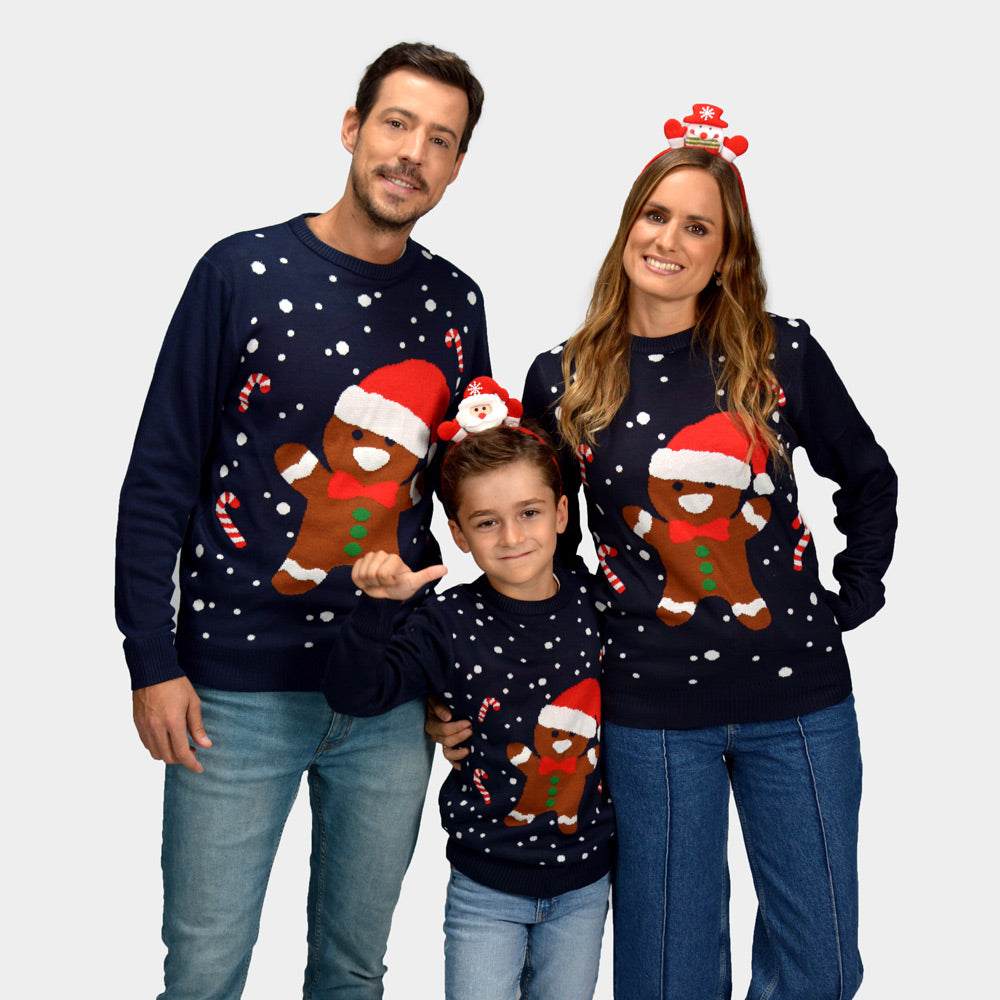 Pull de Noël pour Famille Bleu Gingerbread