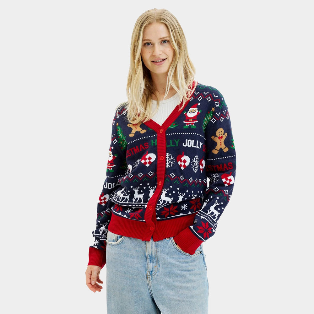 Pull de Noël Cardigan pour Femme Bleu et Rouge