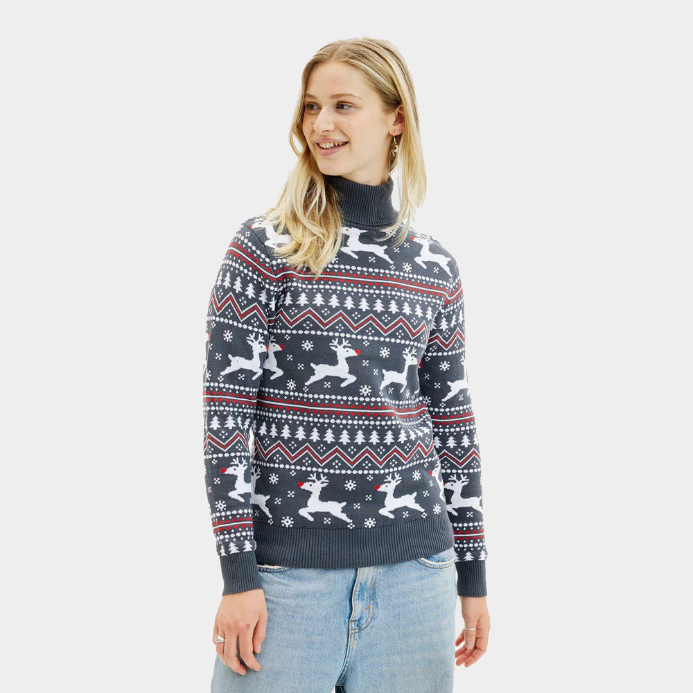 Pull de Noël pour Femme à Col Roulé Gris Rennes Coton Bio