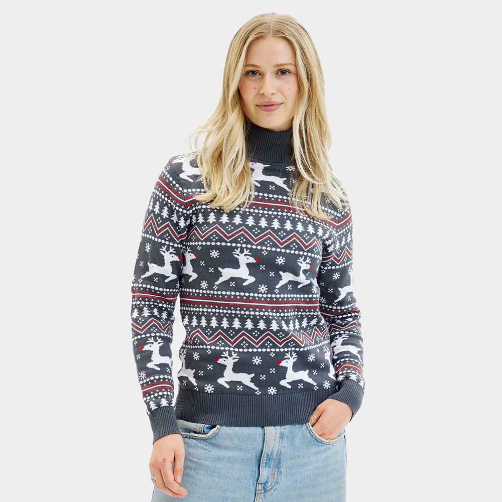 Pull de Noël pour Femme à Col Roulé Gris Rennes Coton Bio