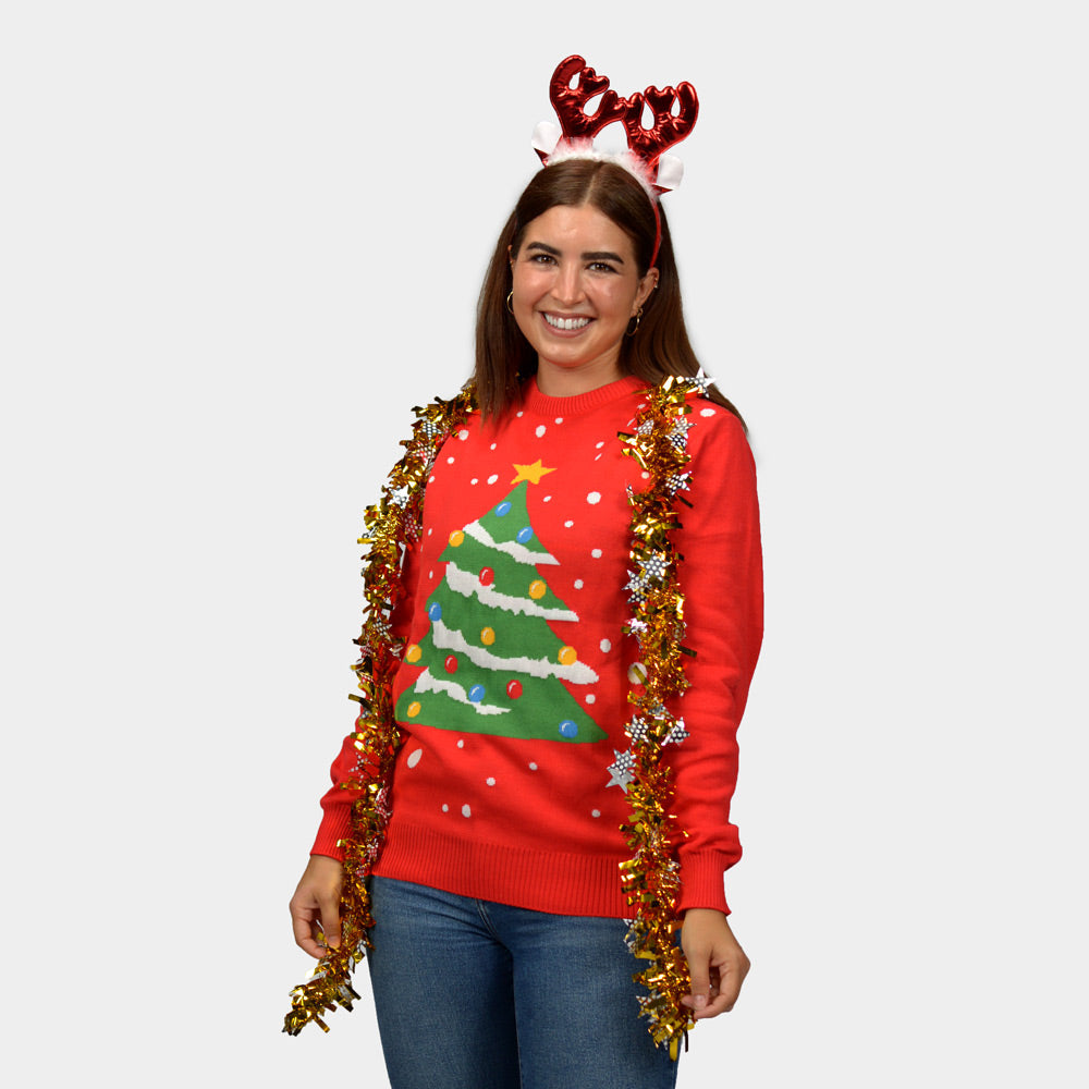 Pull de Noël pour Femme Rouge Sapin de Noël