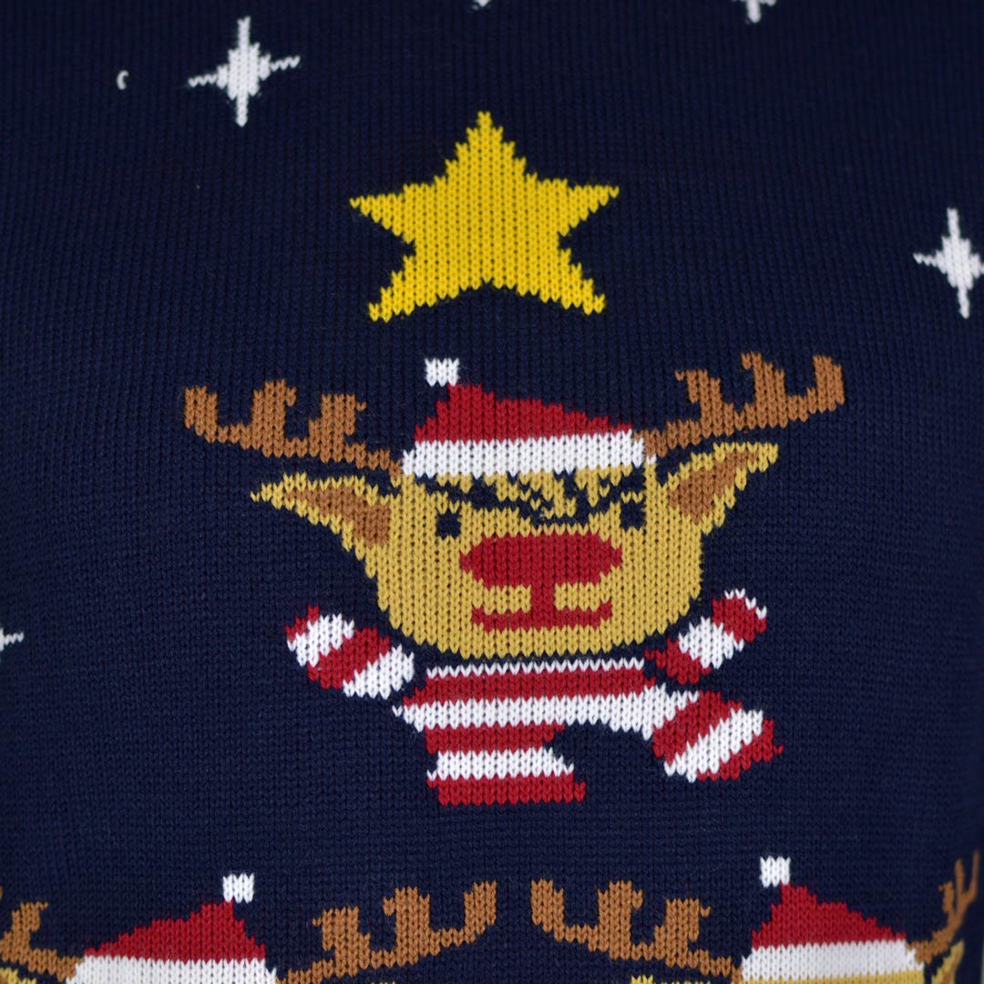 Pull de Noël pour Homme Bleu Rennes, Sapin de Noël et Étoile