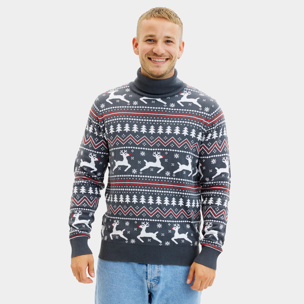 Pull de Noël pour Homme à Col Roulé Gris Rennes Coton Bio