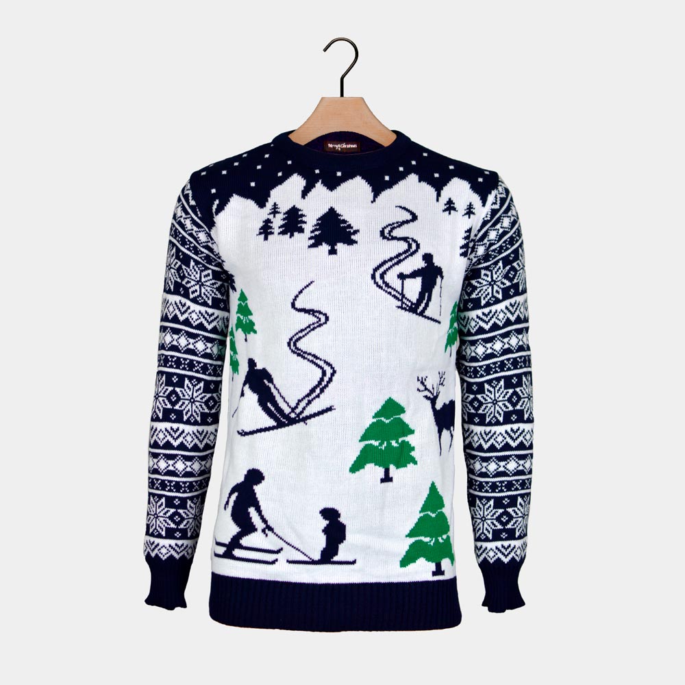 Pull de Noël pour Homme Piste de Ski et Skieurs