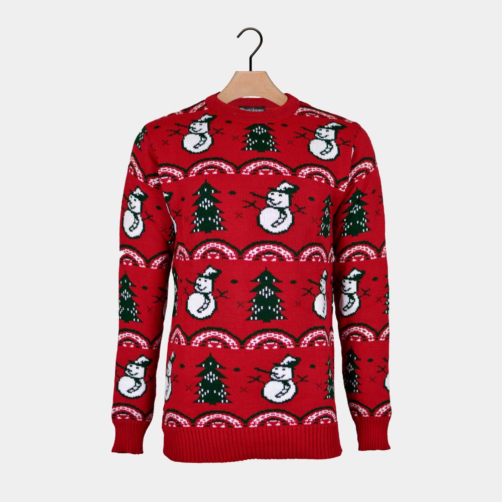 Pull de Noël pour Homme Rouge avec Sapins et Bonhommes de Neige