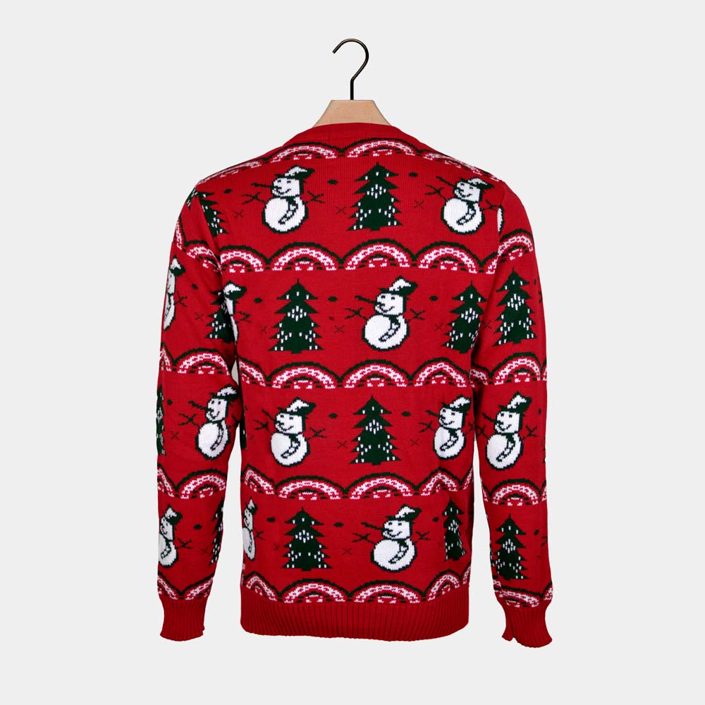 Pull de Noël pour Couple Rouge avec Sapins et Bonhommes de Neige