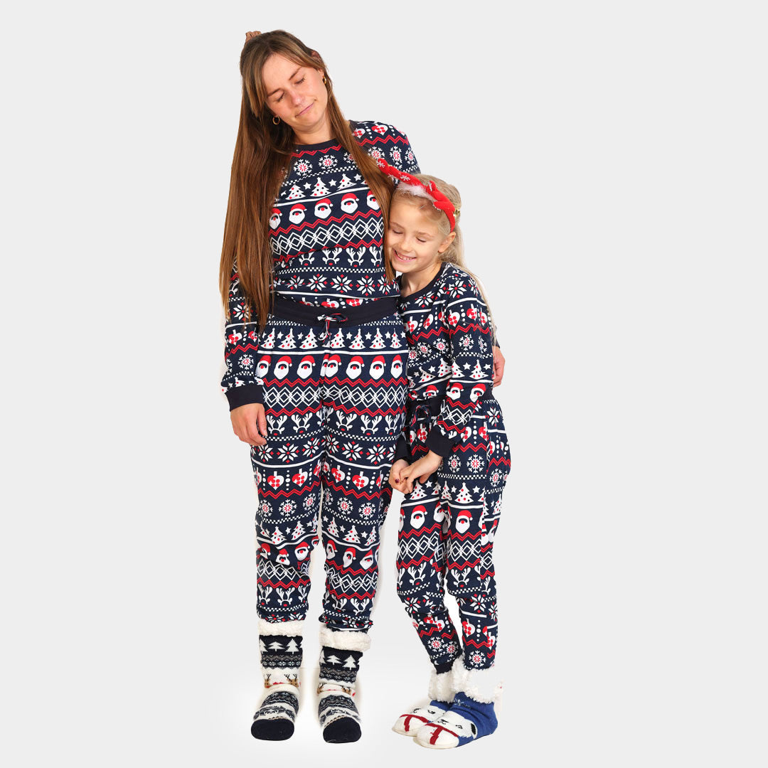 Pyjama de Noël pour Enfants Bleu avec Père Noël, Sapins et Cœurs