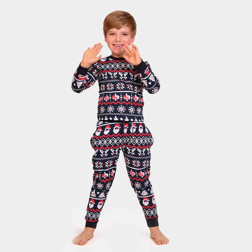 Pyjama de Noël pour Enfants Bleu avec Père Noël, Sapins et Cœurs