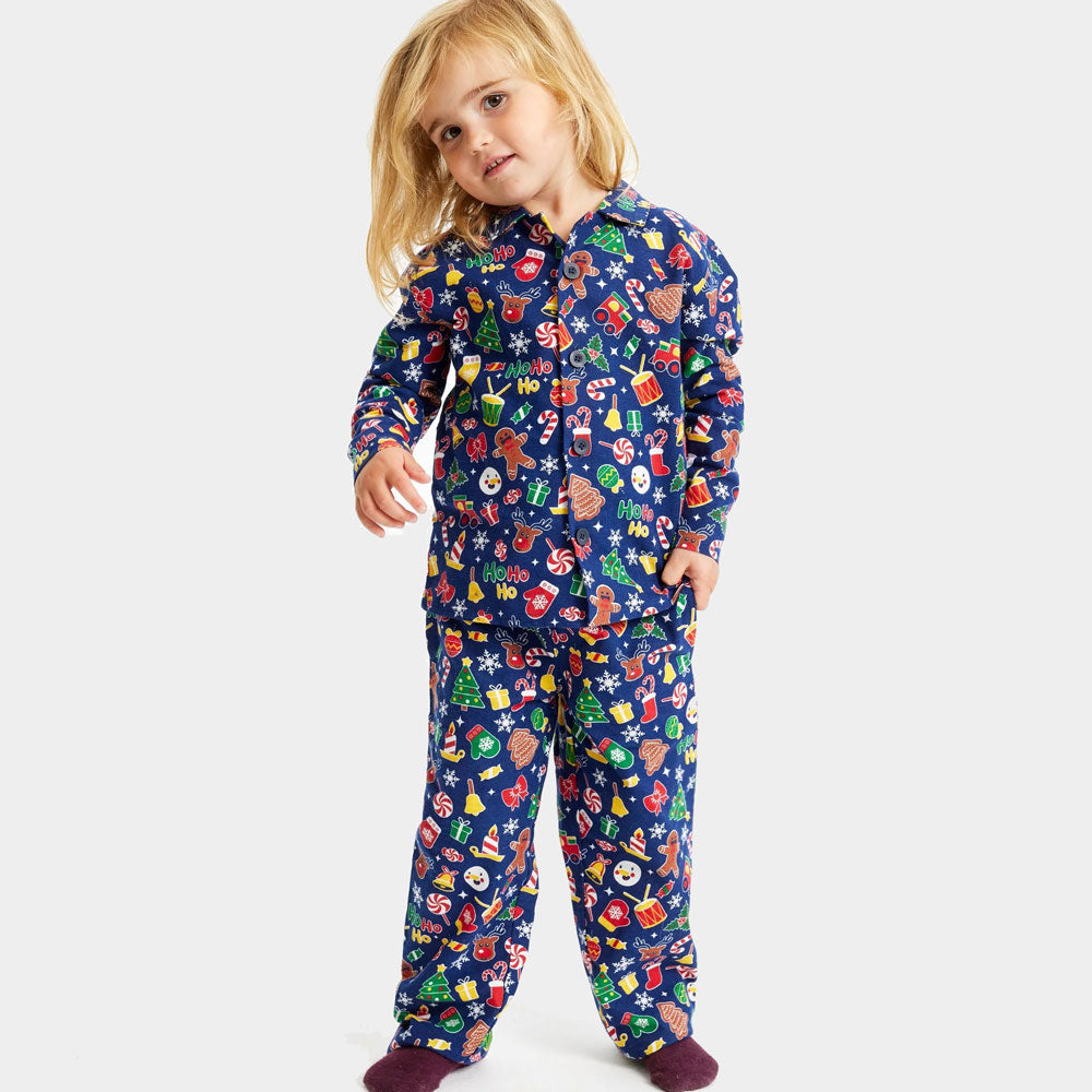 Pyjama de Noël Familial Bleu Motifs de Noël Enfants