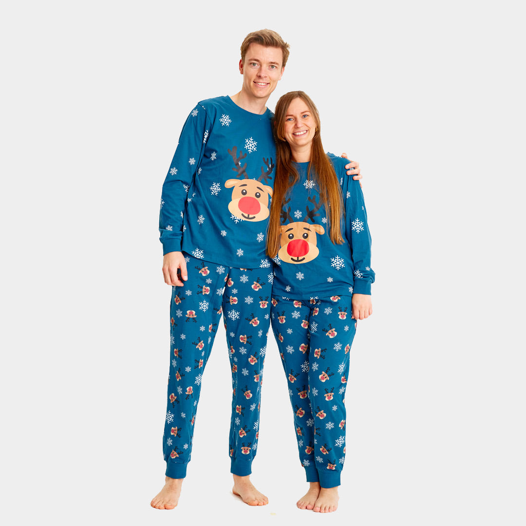 Pyjama de Noël pour Adultes Unisexe Bleu avec Rudolph le Renne