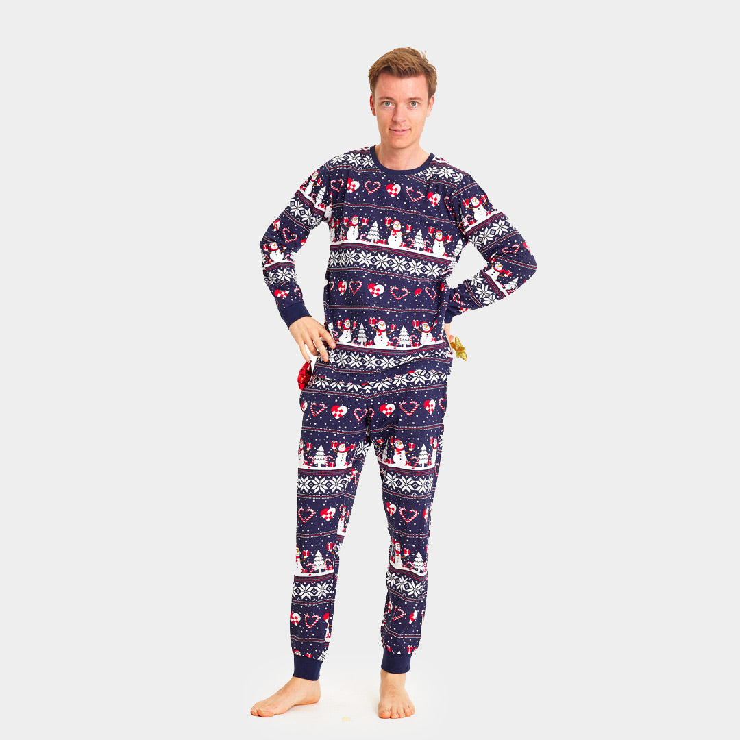 Pyjama de Noël pour Adultes Unisexe Bleu avec Bonhommes de Neige et Cœurs