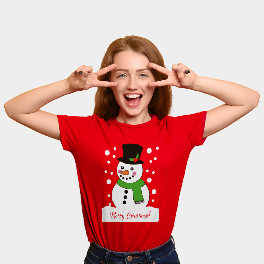 T-Shirt de Noël pour Famille Rouge avec Bonhomme de Neige