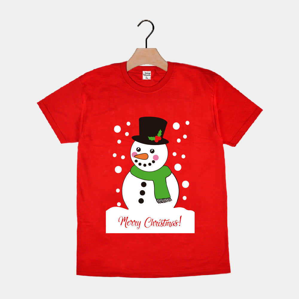 T-Shirt de Noël pour Famille Rouge avec Bonhomme de Neige