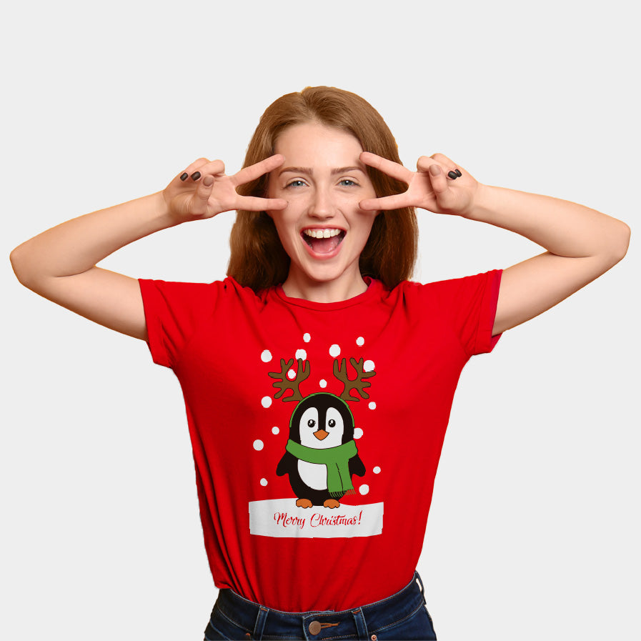 T-Shirt de Noël pour Famille Rouge avec Pingouin