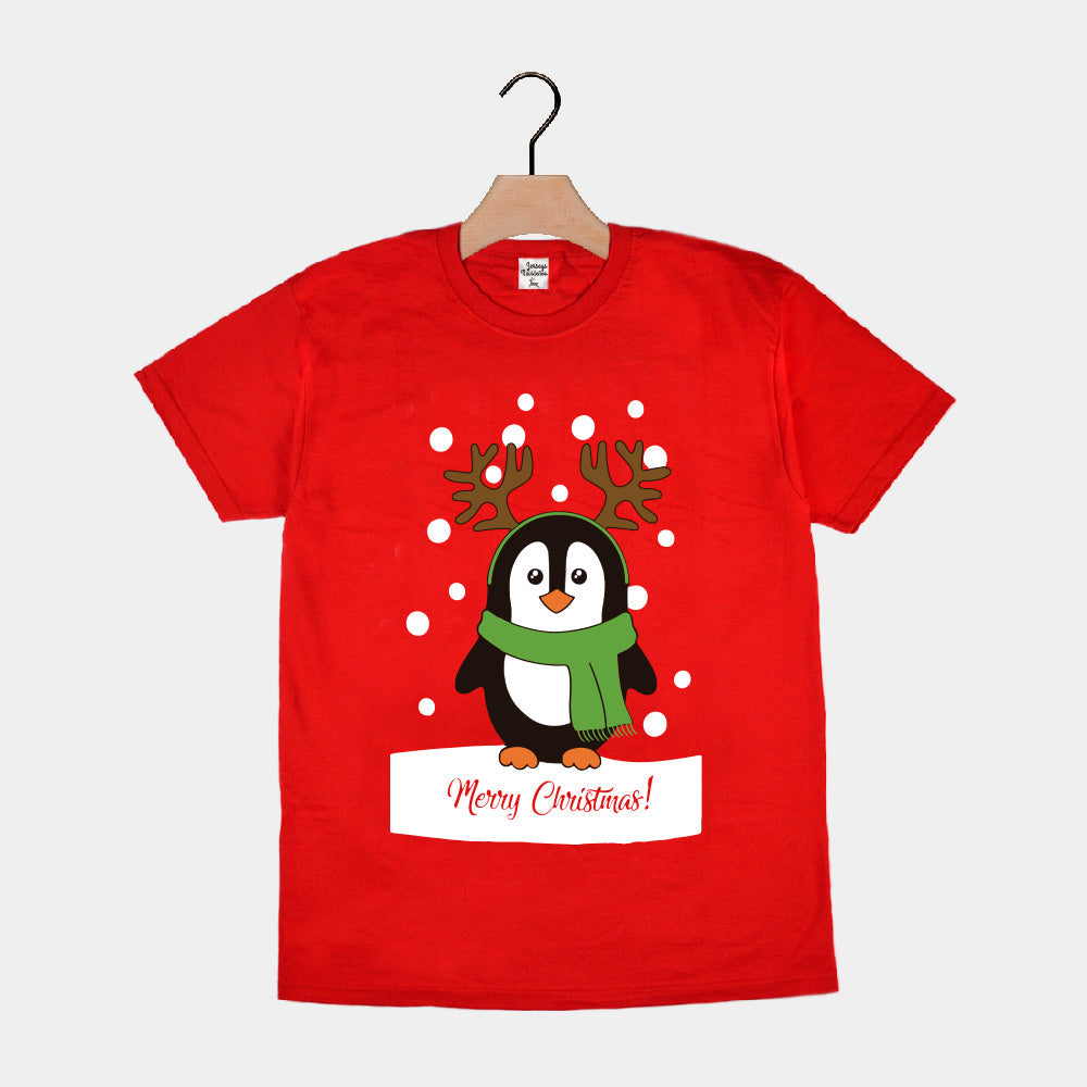 T-Shirt de Noël pour Famille Rouge avec Pingouin