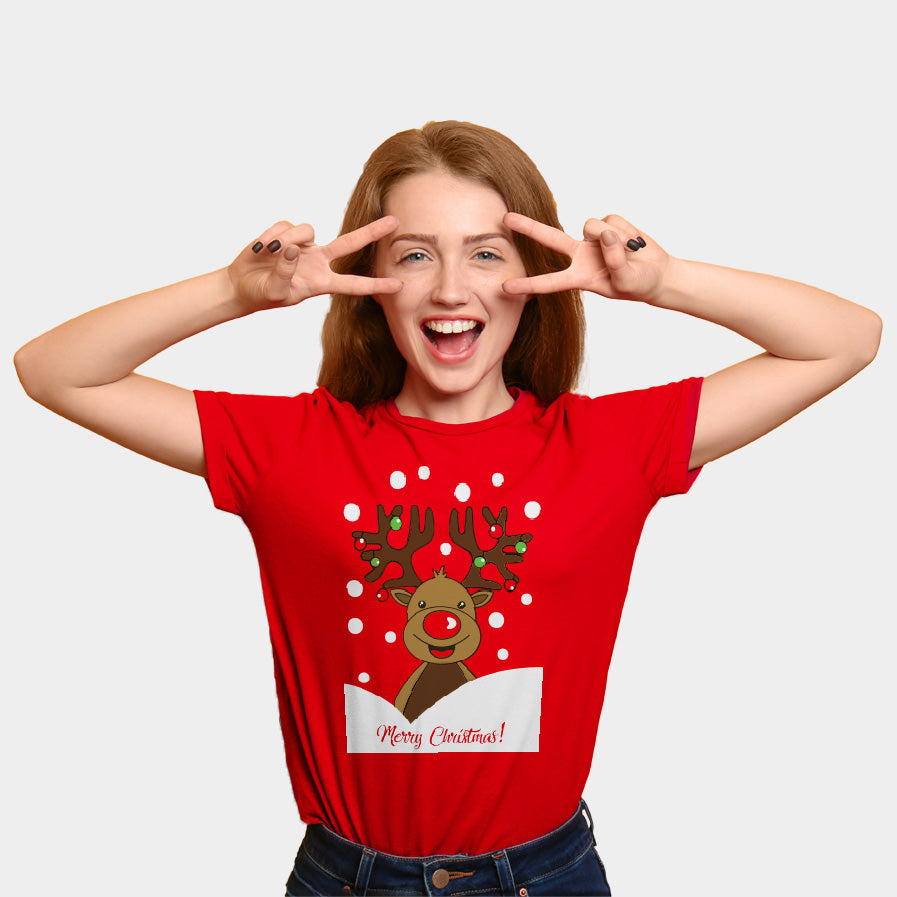 T-Shirt de Noël pour Famille Rouge avec Renne Rudolph